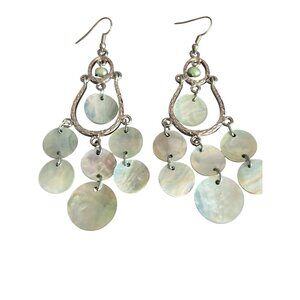 Vintage Silver Tone Mother of Pearl Chandelier Dangle Earrings Estate Hooks 4"